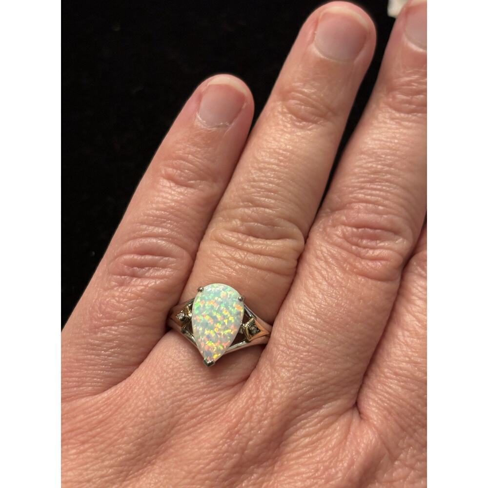 Sterling Silver 14k Simulated Opal & Diamond Ring Sz 7 925 - Picture 5 of 9